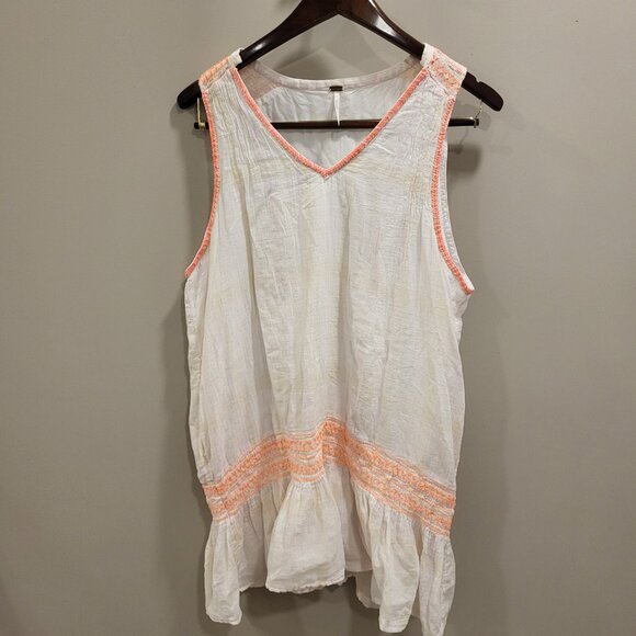 Free People Womens Subtle Plaid White Neon Orange Embroidered V Neck Dress Small - Picture 1 of 6